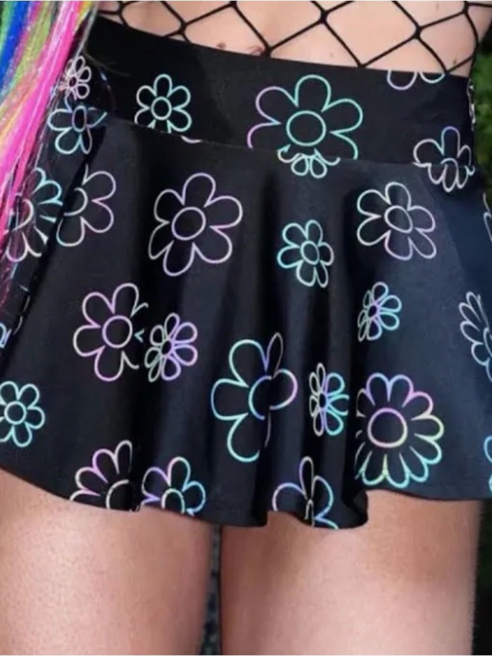 iHeartRaves Black Mini Skirt with Neon Daisy Print